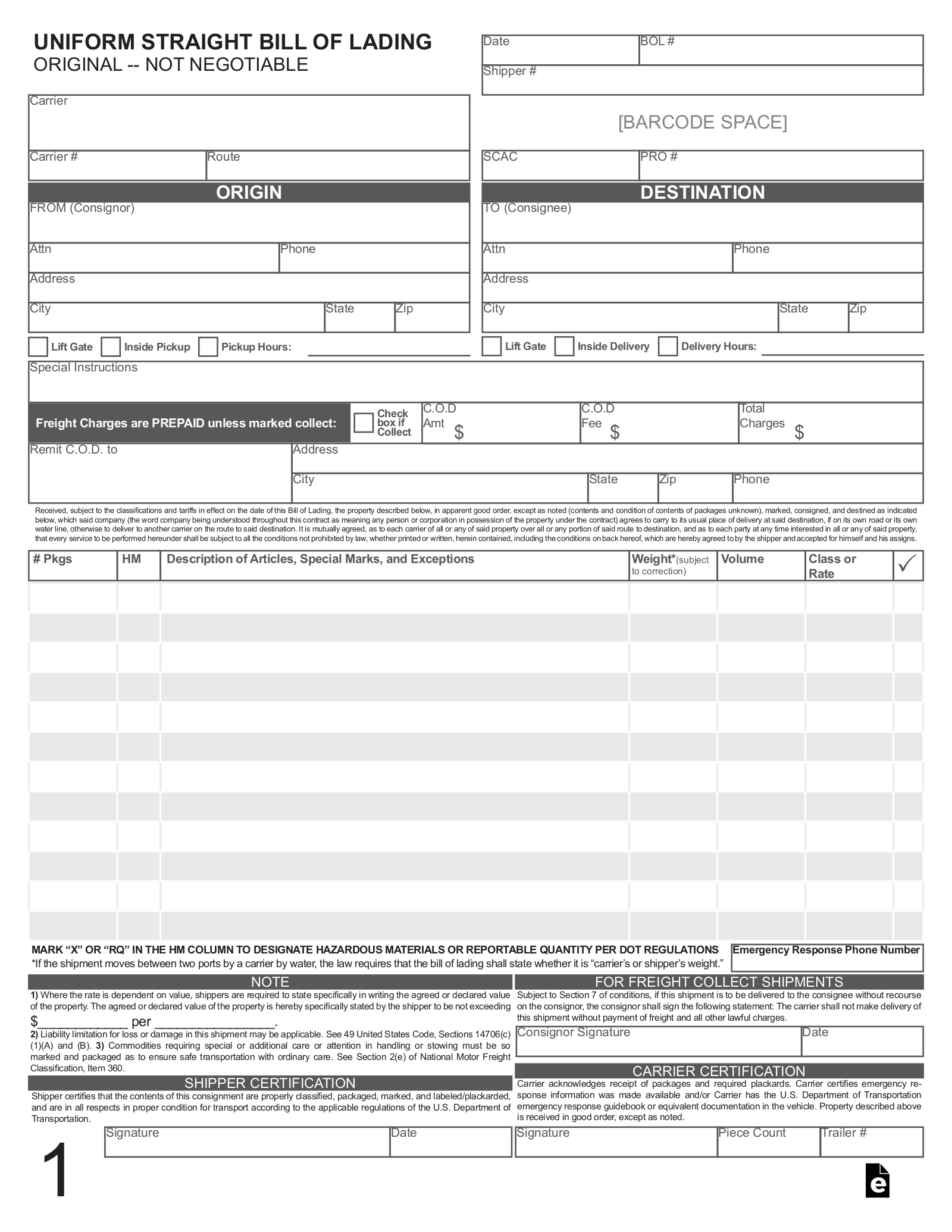 Free Bill Of Lading (Bol) - Pdf – Eforms with regard to FREE Printable Blank Bill of Lading