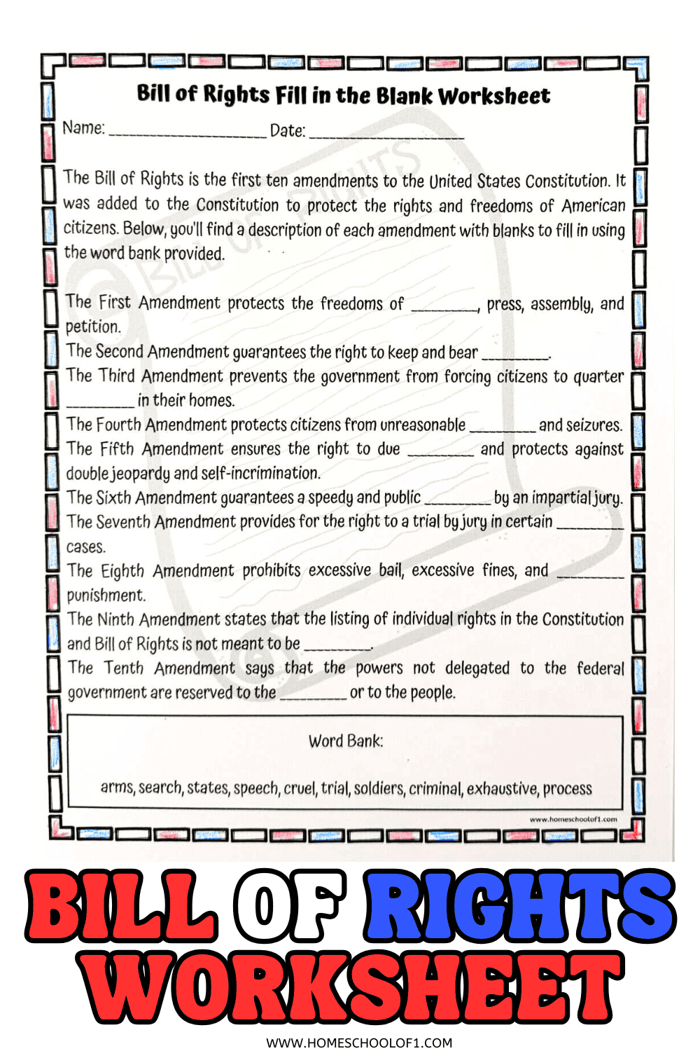 Free Bill Of Rights Worksheet (Fill In The Blank) with FREE Printable Bill of Rights