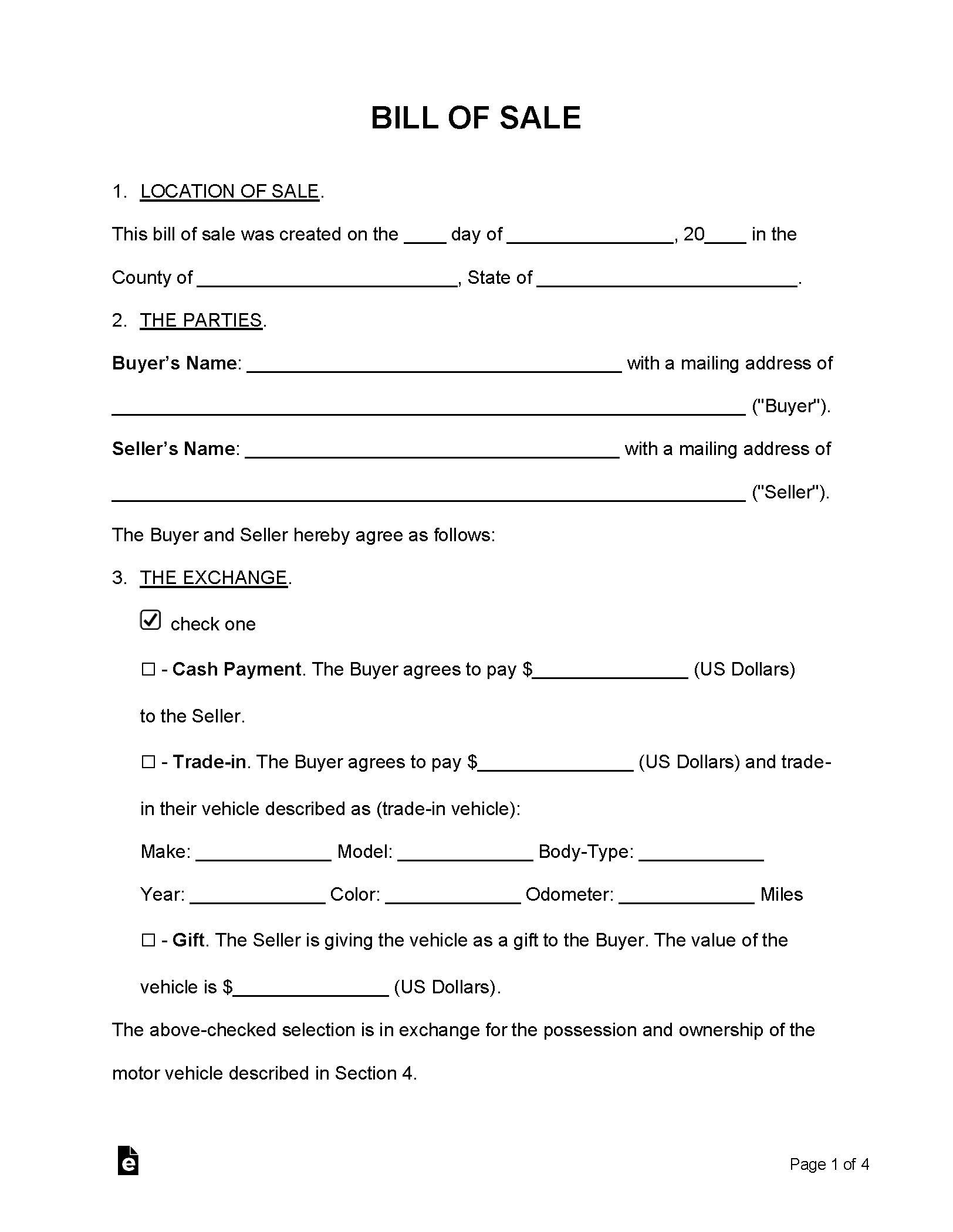 Free Bill Of Sale Forms (24) - Pdf | Word – Eforms within Free Printable Bill Of Sale Used Car