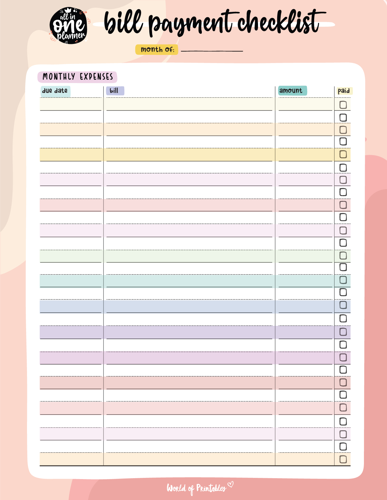 Free Bill Payment Checklist Pdf - World Of Printables with Free Printable Bill Payment Chart
