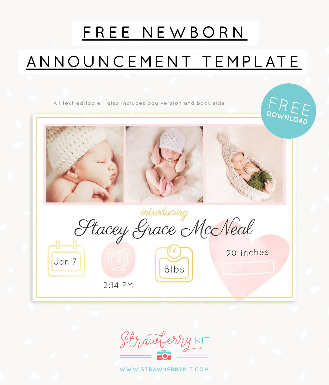 Free Birth Announcement Template For Photoshop – Strawberry Kit inside FREE Printable Birth Announcement Templates