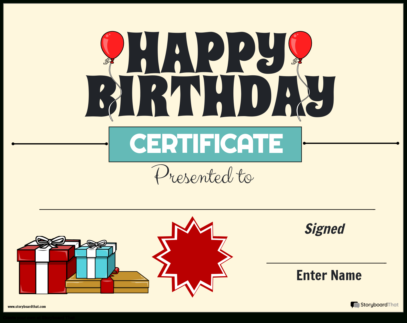 Free Birthday Certificate Templates | Storyboard That regarding FREE Printable Birthday Gift Certificate Template