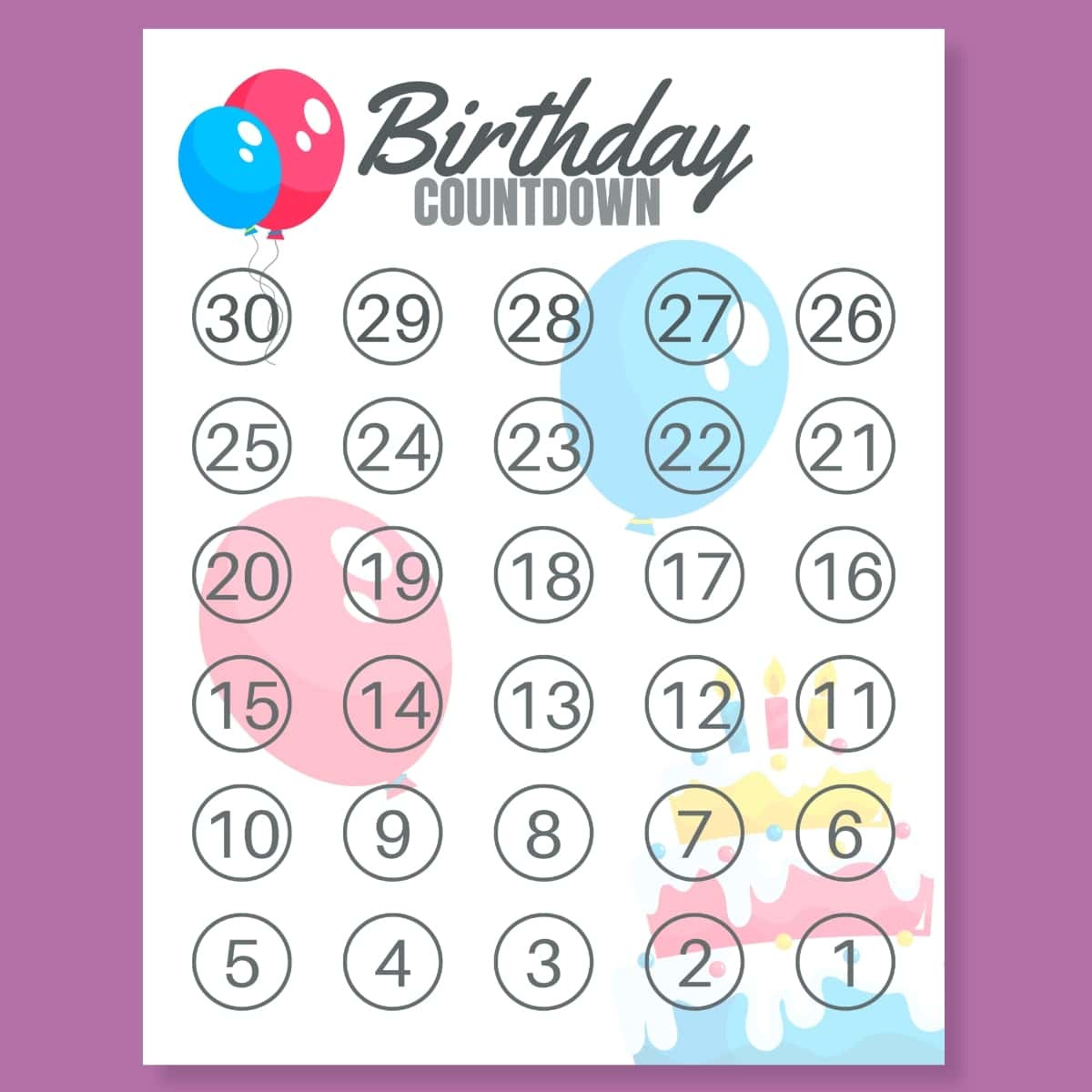 Free Birthday Countdown Calendar Printable within Free Printable Birthday Countdown Calendar