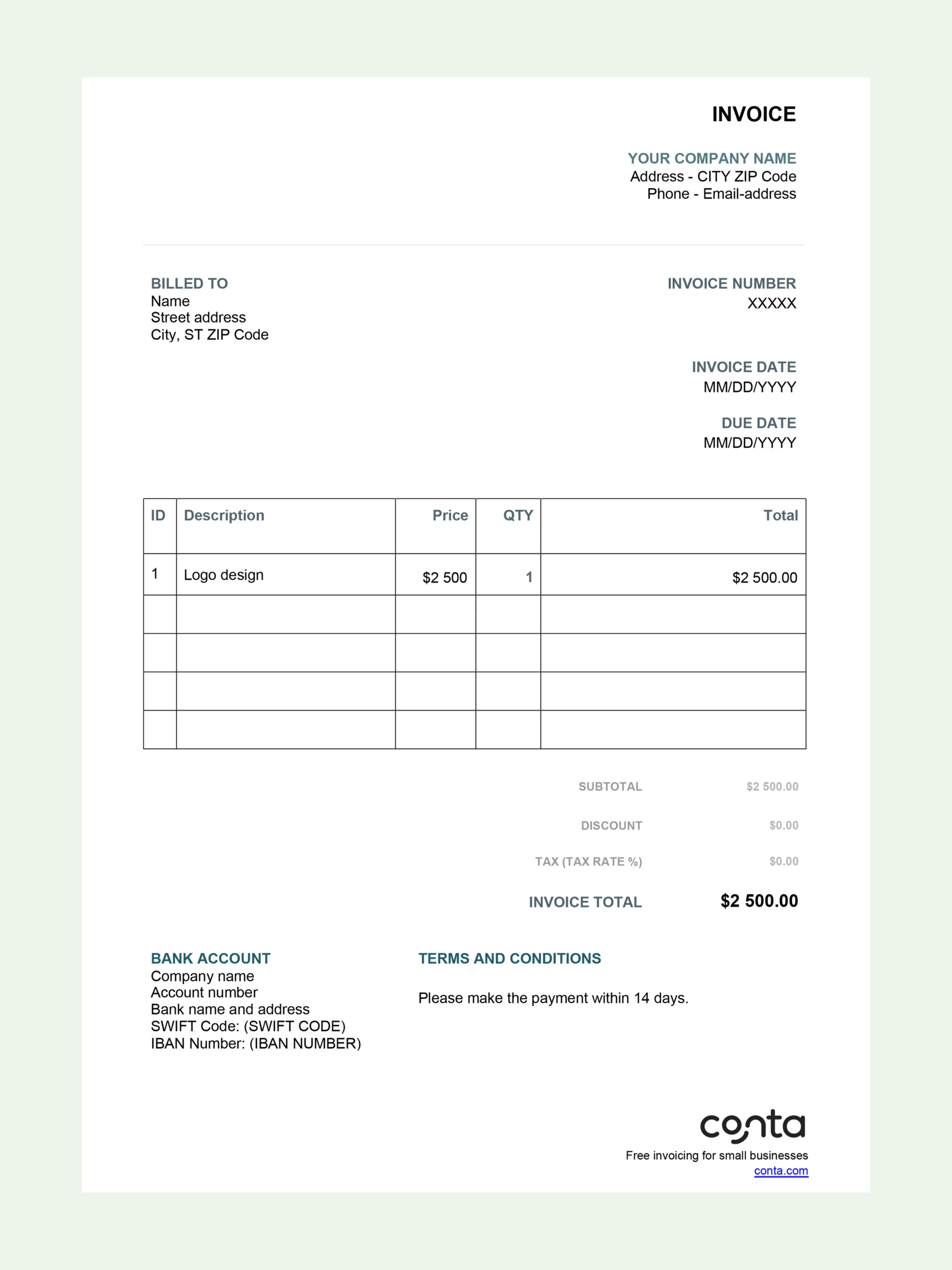 Free Blank Invoice Template For Excel | Blank Bill For Excel | Conta within FREE Printable Blank Self Employed Printable Invoice Template