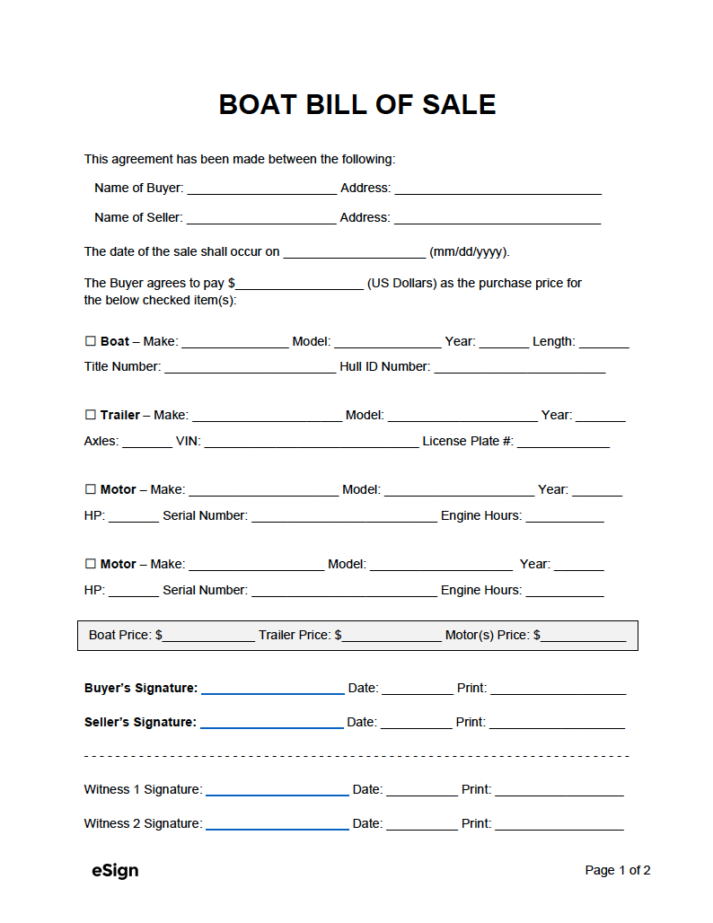 Free Boat (Vessel) Bill Of Sale Template | Pdf | Word in FREE Printable Bill of Sale For Watercraft