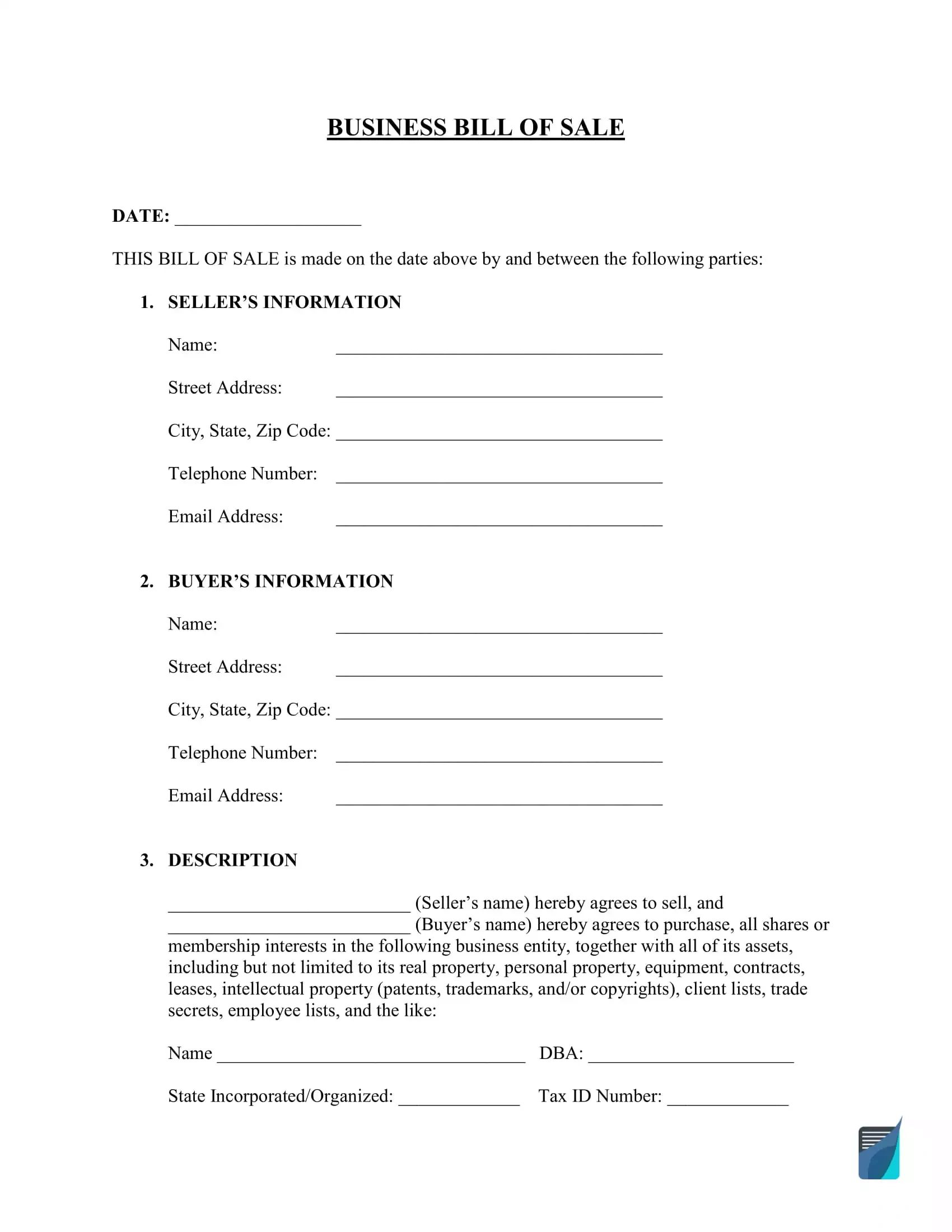Free Business (Assets) Bill Of Sale Form | Formspal regarding FREE Printable Bill of Sale For Business
