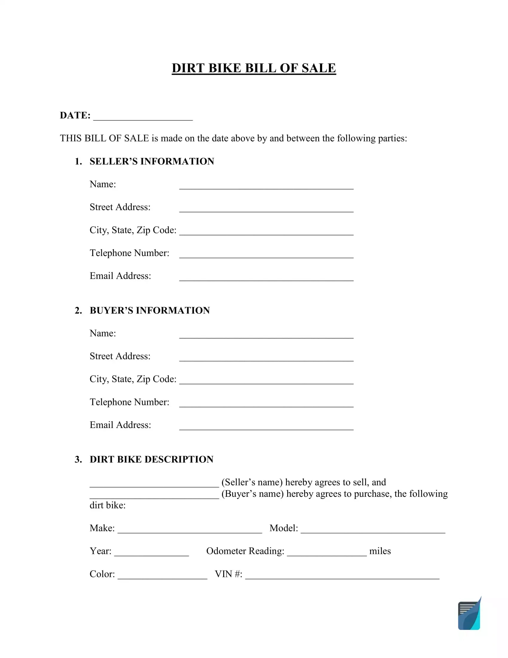 Free Dirt Bike Bill Of Sale Form Template | Formspal intended for FREE Printable Bill of Sale For Dirt Bike