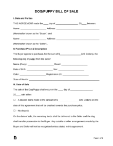 Free Dog/Puppy Bill Of Sale Form - Pdf | Word – Eforms with FREE Printable Bill of Sale For Puppy