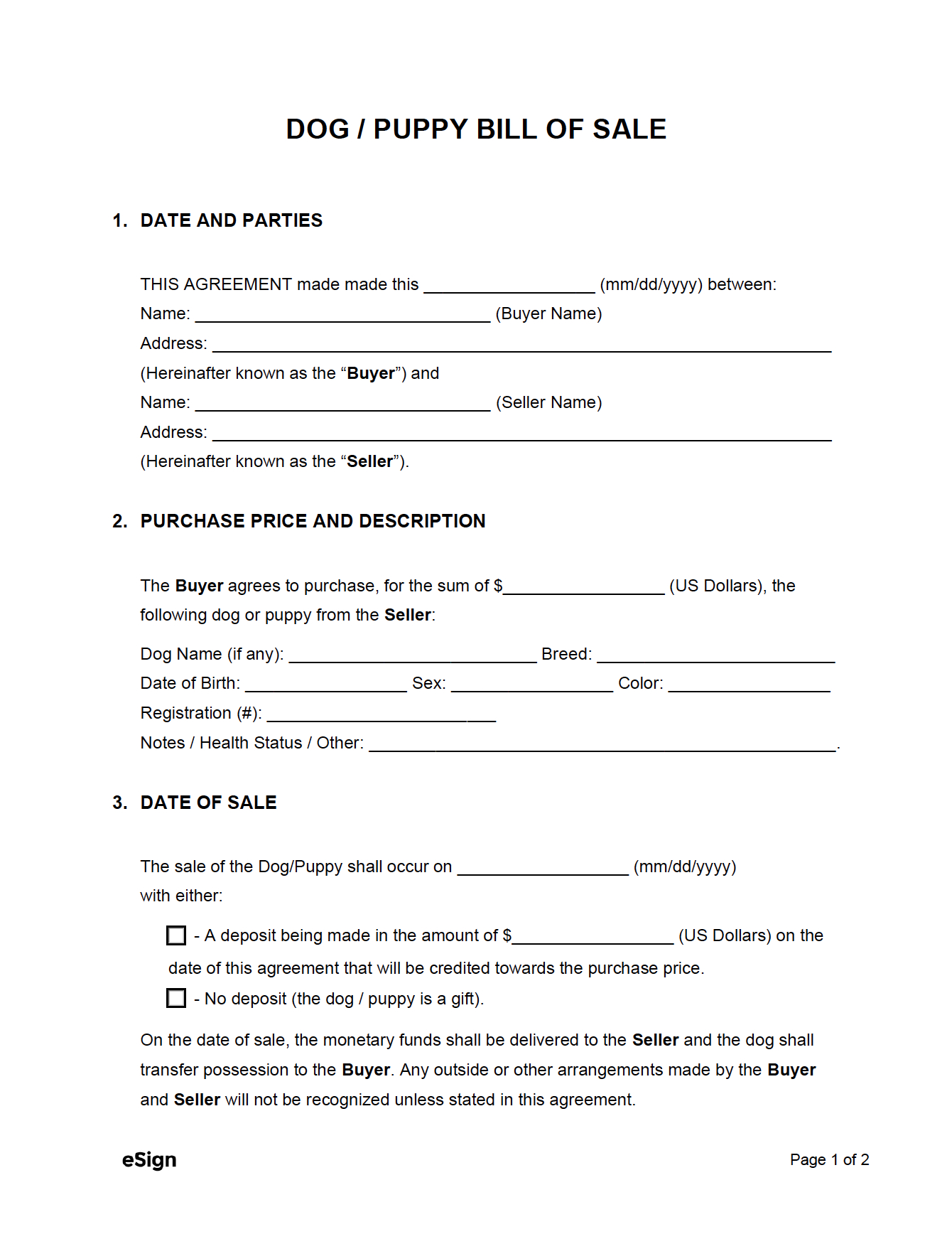 Free Dog / Puppy Bill Of Sale Form | Pdf | Word regarding Free Printable Bill Of Sale For Puppy