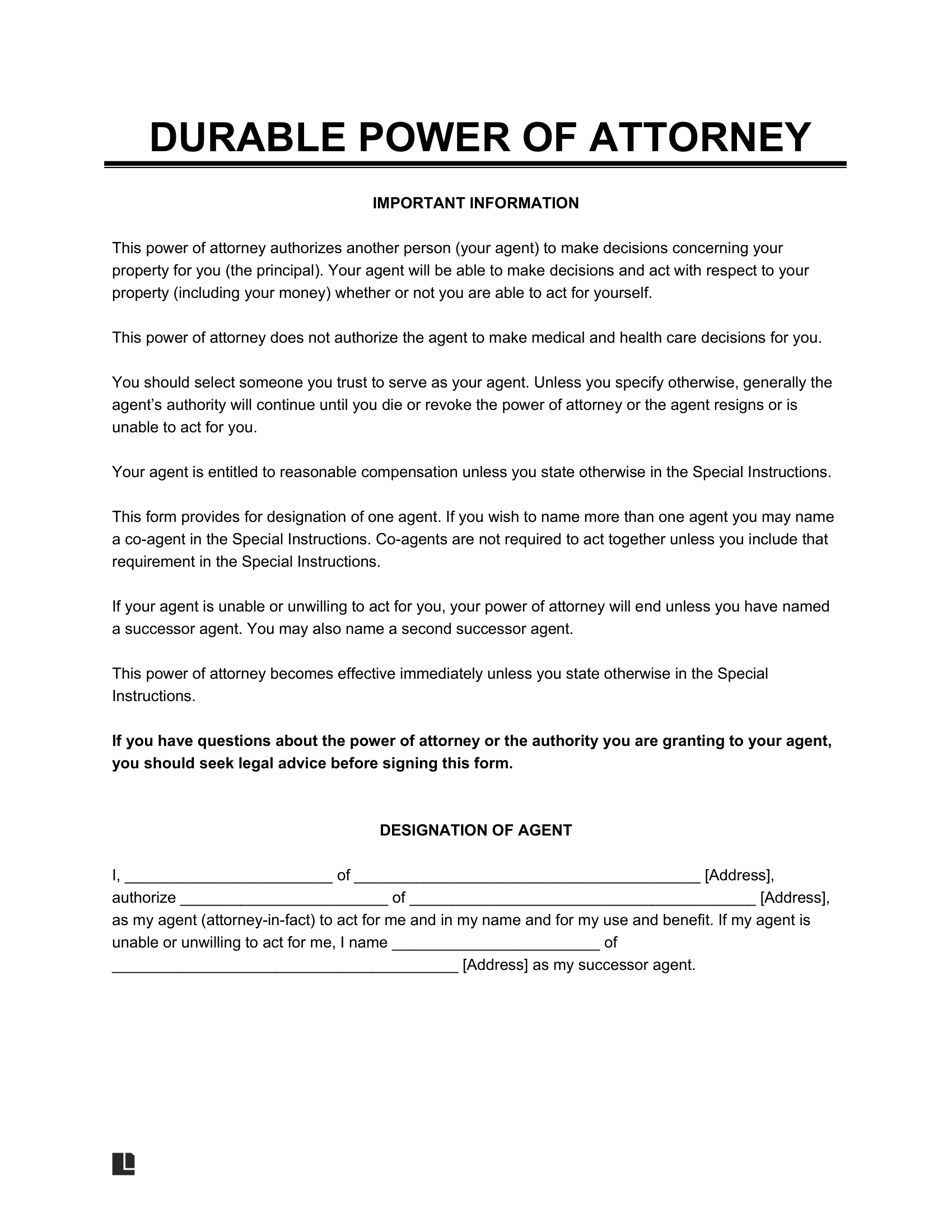 Free Durable Power Of Attorney Form | Pdf &amp;amp; Word throughout Free Printable Blank Power Of Attorney Form