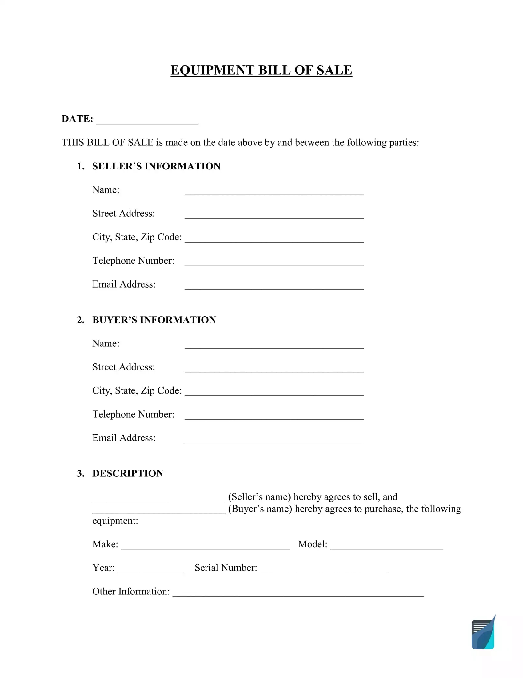 Free Equipment (Machinery) Bill Of Sale Form | Formspal with regard to FREE Printable Bill of Sale For Lawn Mower