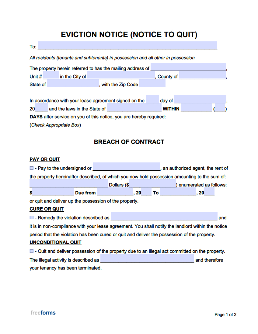 Free Eviction Notice Templates | Pdf | Word regarding FREE Printable Blank Eviction Notice