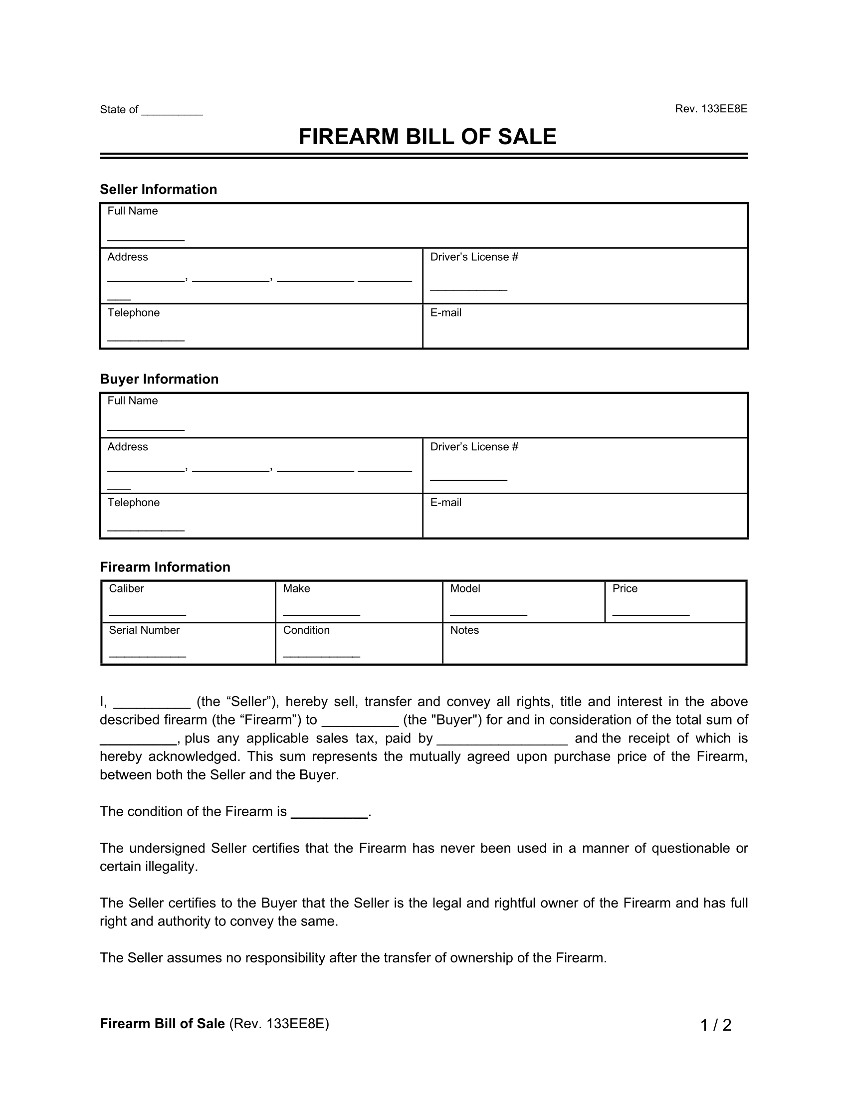 Free Firearm (Gun) Bill Of Sale Form | Legal Templates with regard to FREE Printable Bill of Sale Template For Firearm