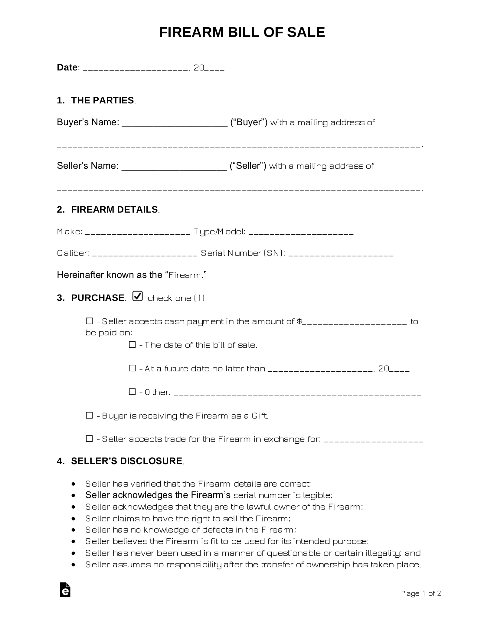 Free Firearm (Gun) Bill Of Sale Form - Pdf | Word – Eforms with FREE Printable Bill of Sale Template For Firearm