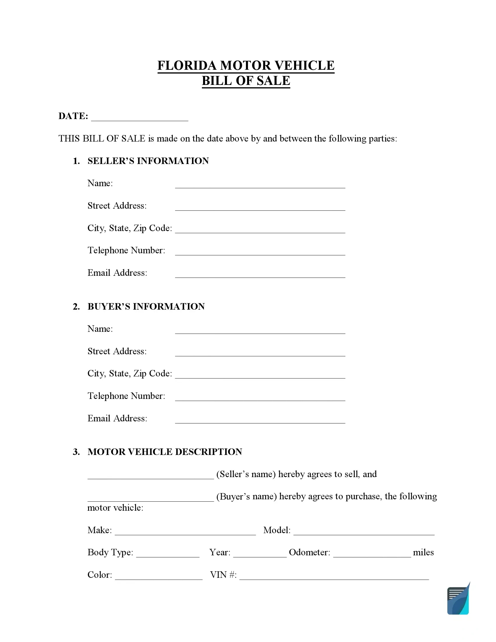 Free Florida Bill Of Sale Forms (Pdf) | Formspal throughout Free Printable Bill Of Sale For Car Florida