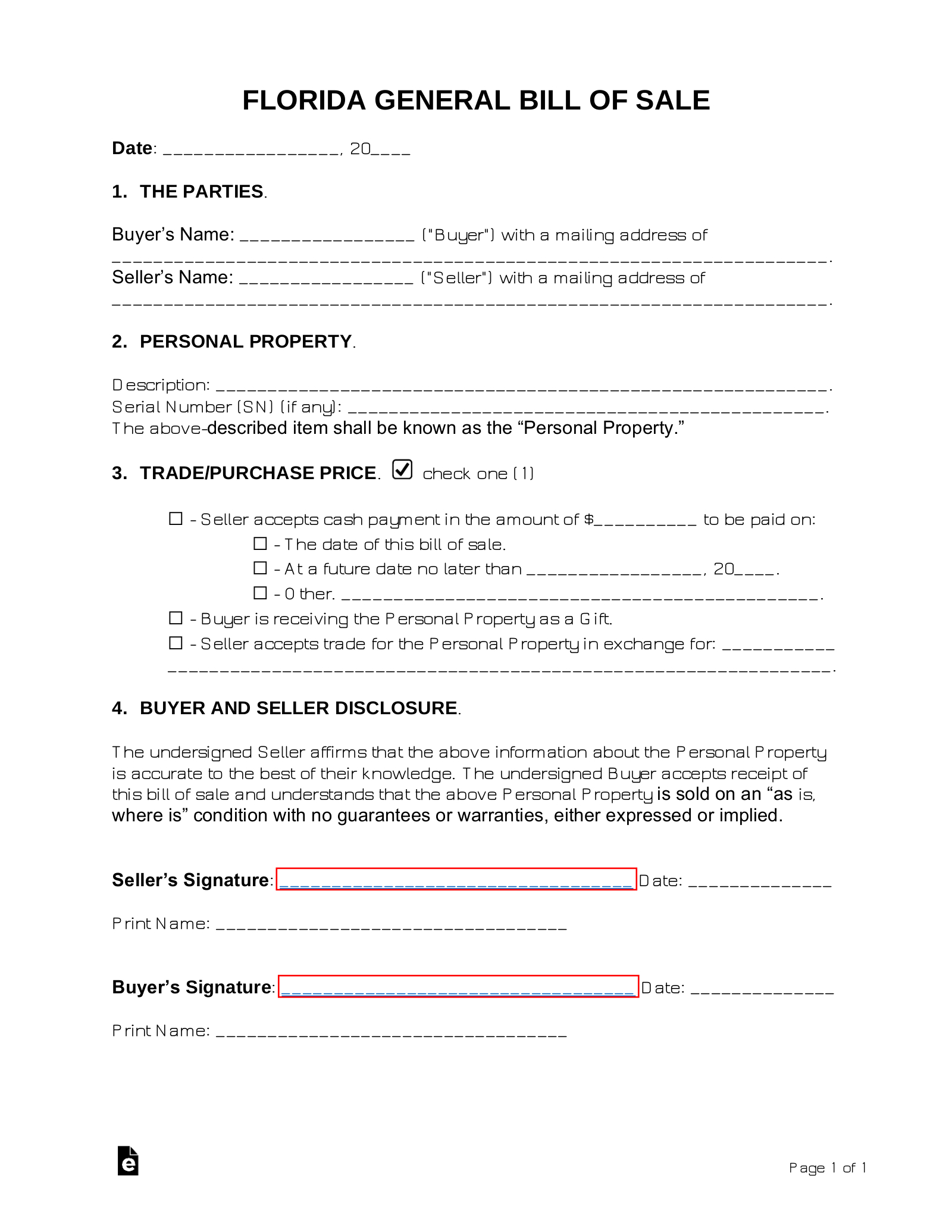 Free Florida General Bill Of Sale Form - Pdf | Word – Eforms in FREE Printable Bill of Sale Florida