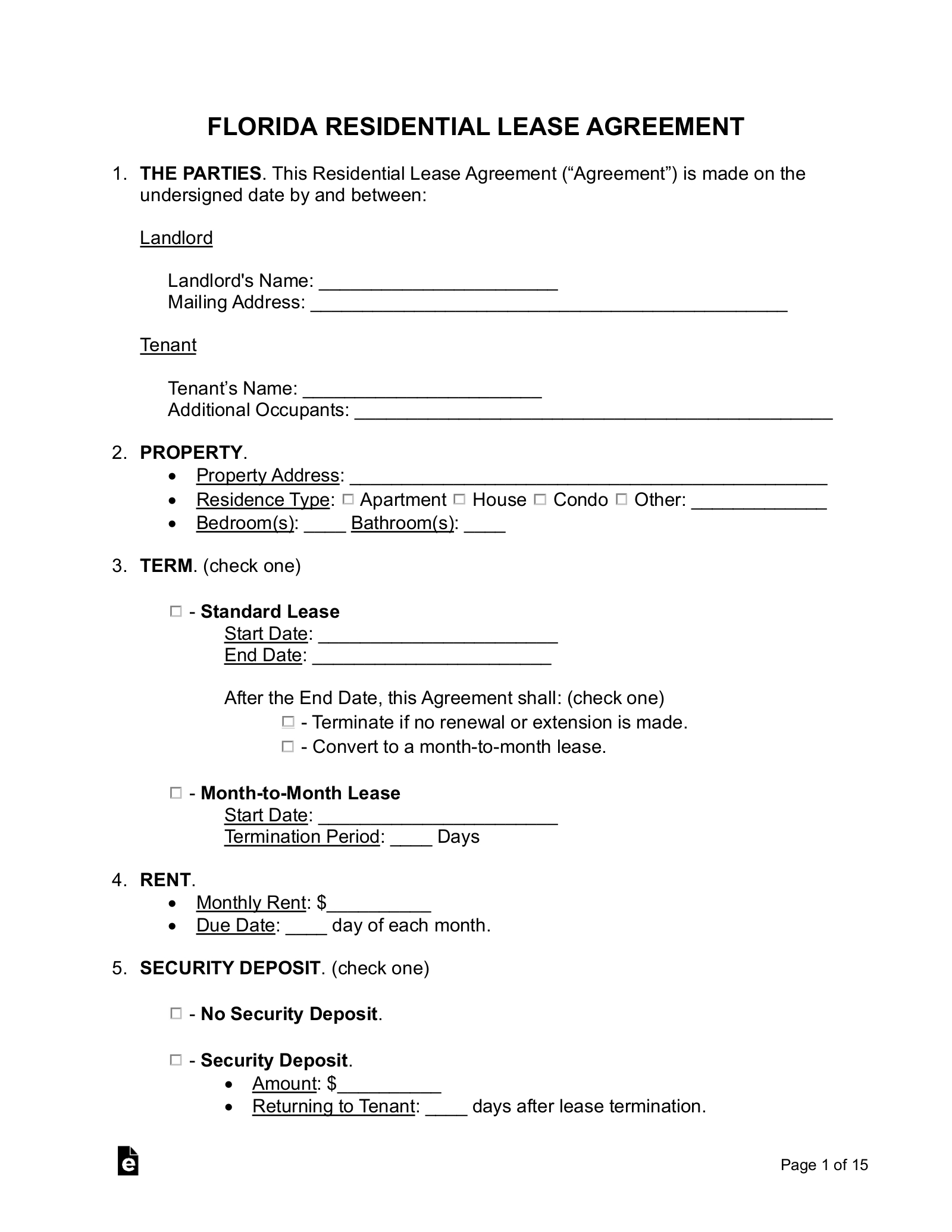 Free Florida Lease Agreement Templates (9) - Pdf | Word – Eforms throughout FREE Printable Basic Rental Agreement Florida