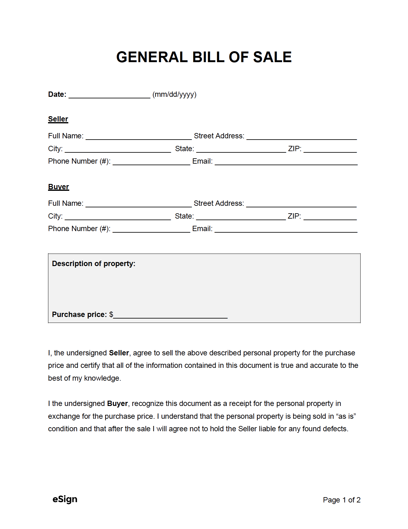 Free General Bill Of Sale Form | Pdf | Word inside FREE Printable Bill of Sale For Real Estate