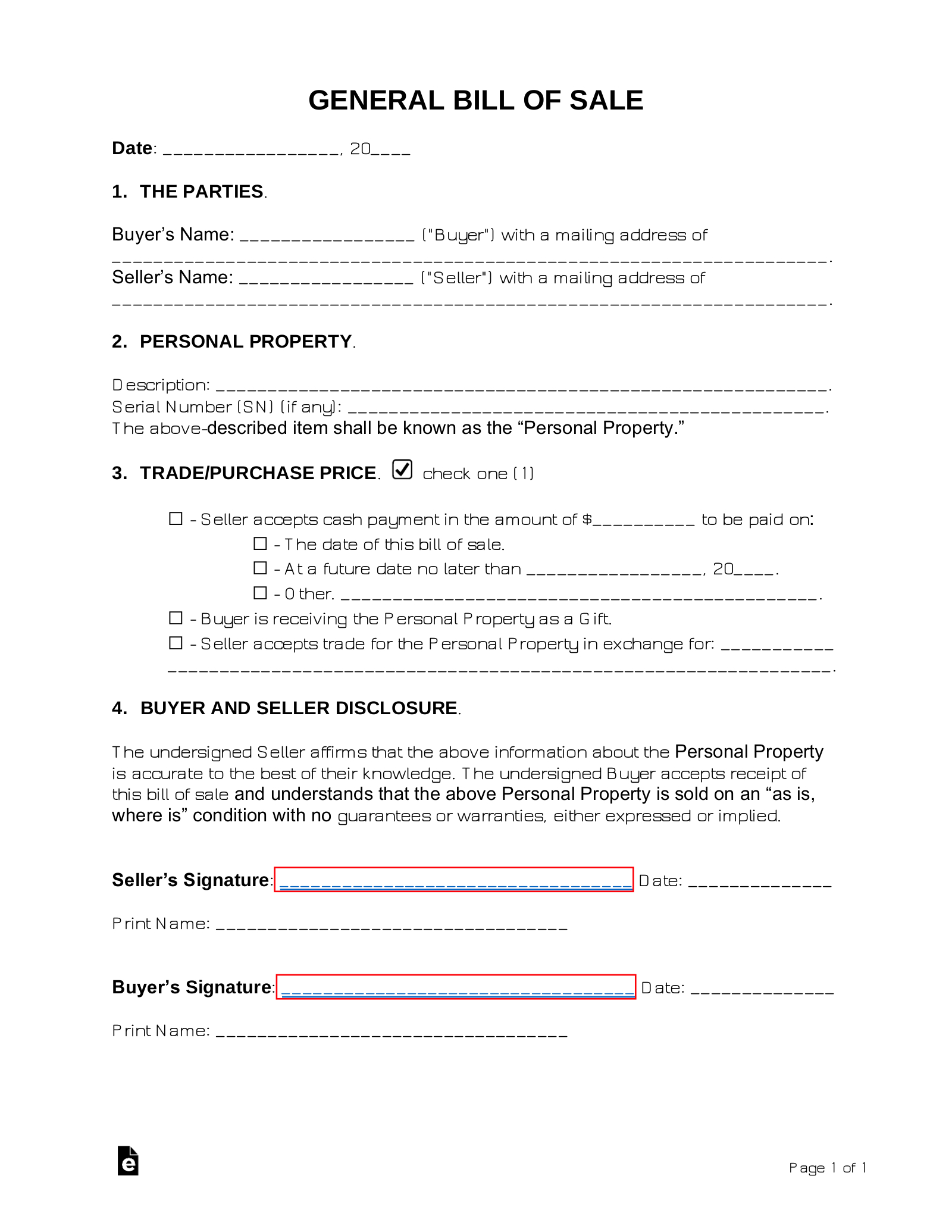 Free General (Personal Property) Bill Of Sale Form - Pdf | Word in Free Printable Bill Of Sale For House