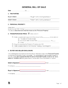 Free General (Personal Property) Bill Of Sale Form - Pdf | Word in FREE Printable Bill of Sale For Personal Property
