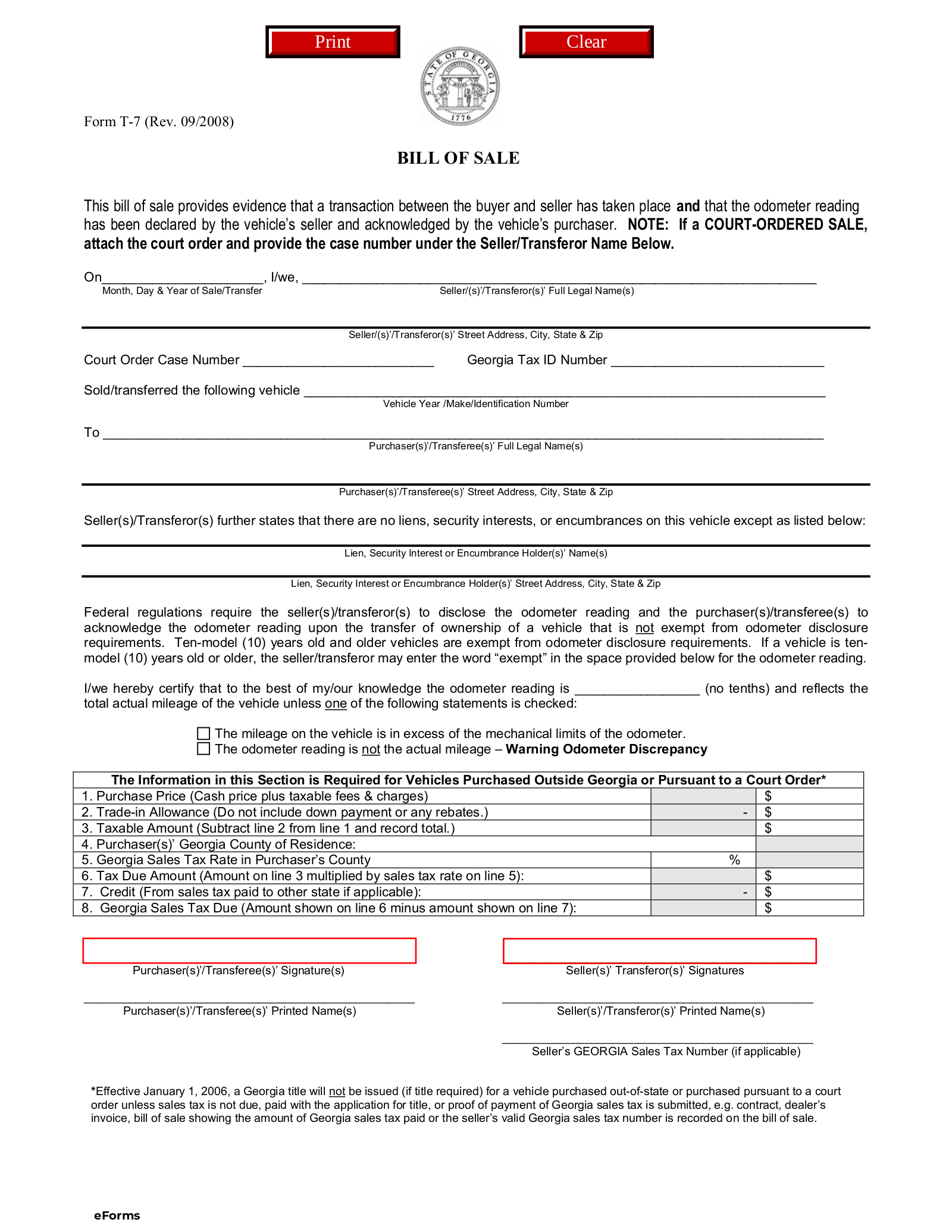 Free Georgia Bill Of Sale Forms (4) - Pdf – Eforms in FREE Printable Bill of Sale Georgia