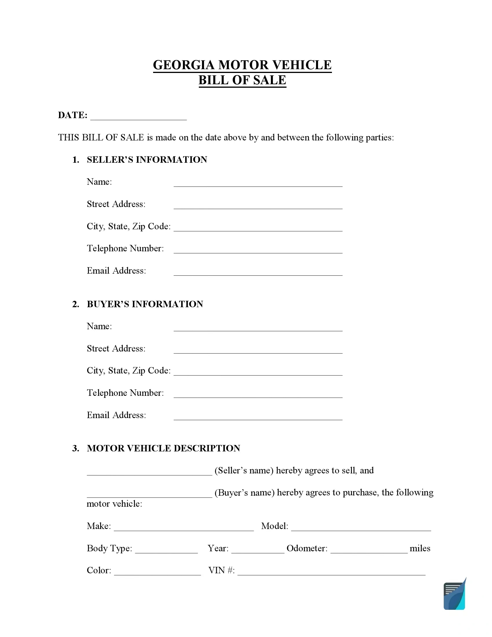 Free Georgia Bill Of Sale Forms (Pdf) | Formspal in FREE Printable Bill of Sale Georgia