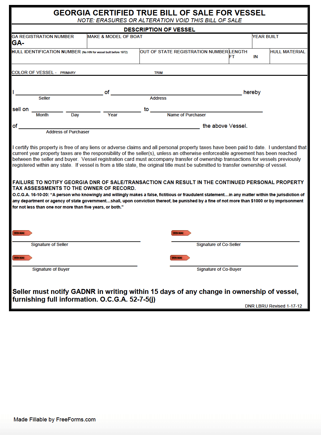 Free Georgia Boat (Vessel) Bill Of Sale Form | Pdf with regard to Free Printable Boat Bill Of Sale Georgia