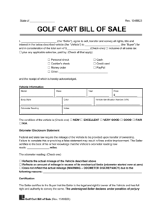 Free Golf Cart Bill Of Sale Template | Pdf &amp; Word intended for FREE Printable Bill of Sale For Golf Cart