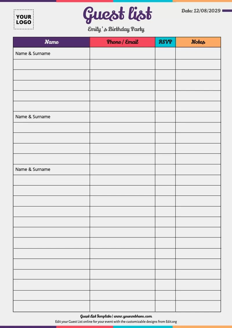 Free Guest List Templates To Customize pertaining to FREE Printable Birthday Guest List