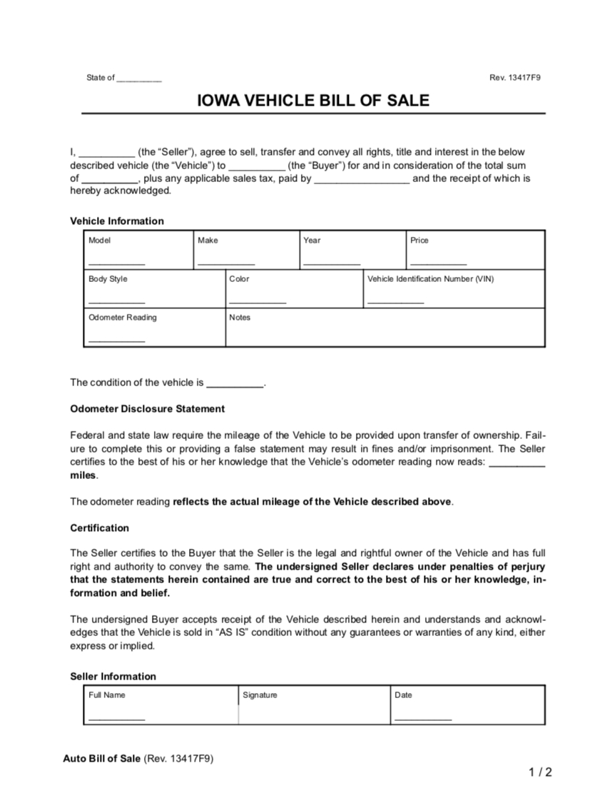Free Iowa Motor Vehicle Bill Of Sale Form | Pdf &amp;amp; Word inside FREE Printable Bill of Sale For Car Iowa