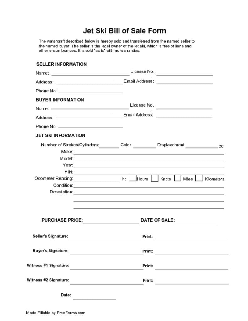 Free Jet Ski Bill Of Sale Form | Pdf in Free Printable Bill Of Sale For Jet Ski