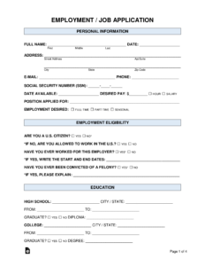 Free Job Application Forms (2) - Pdf | Word – Eforms in Free Printable Blank Job Application Form Word Document