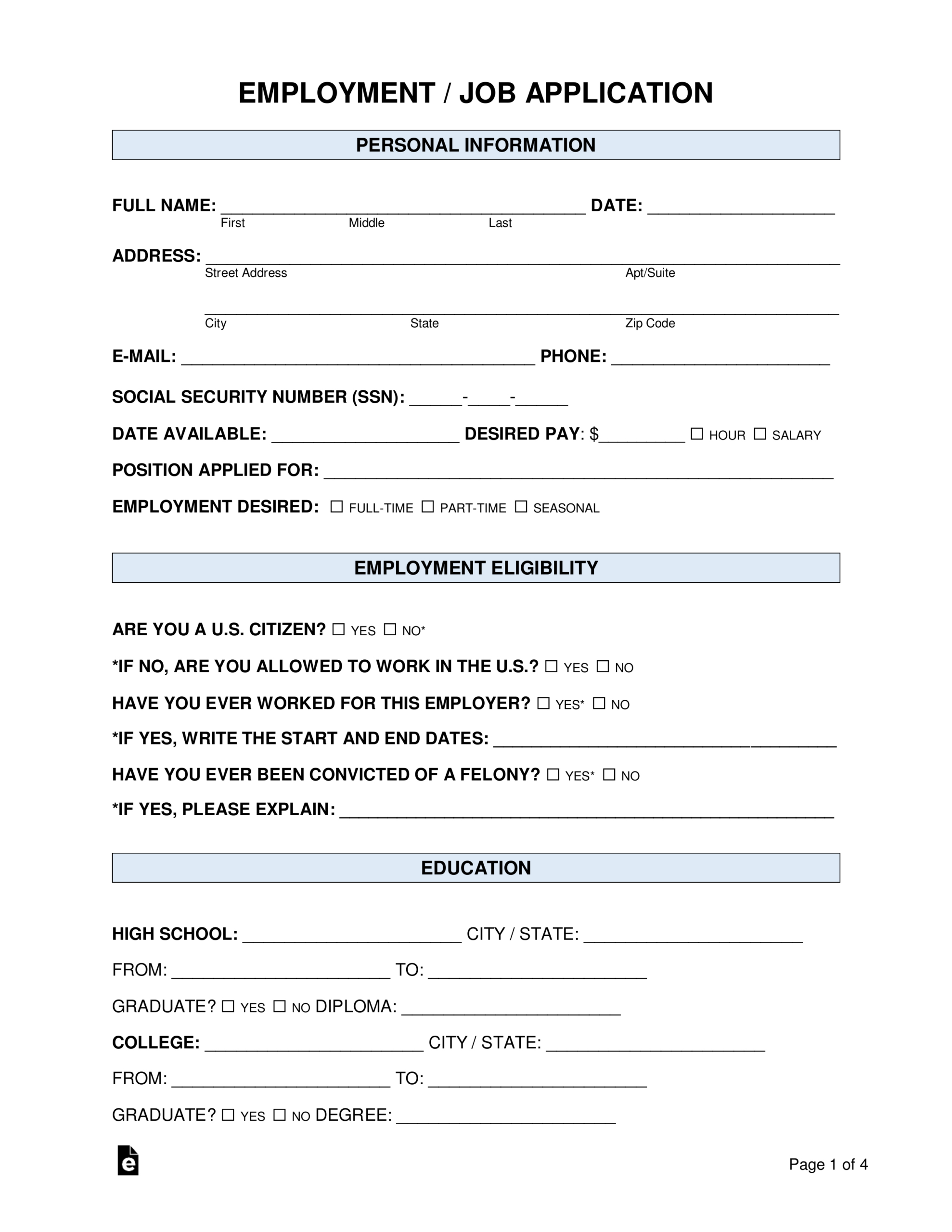 Free Job Application Forms (2) - Pdf | Word – Eforms in Free Printable Blank Job Application Form Word Document