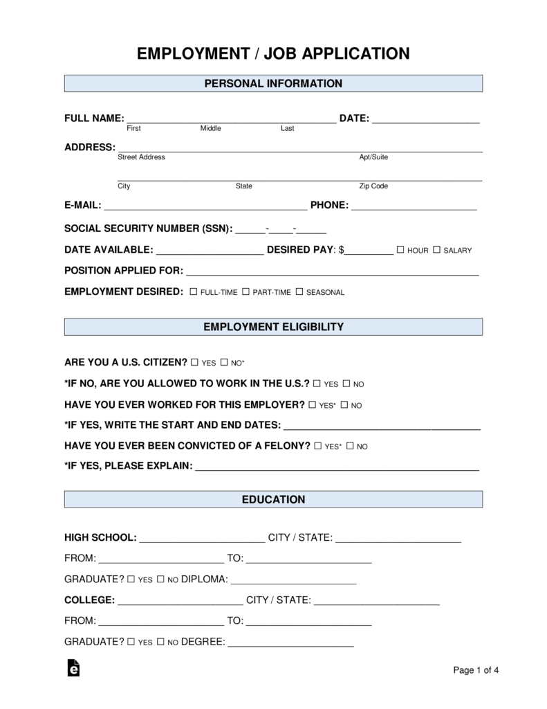 Free Job Application Forms (2) - Pdf | Word – Eforms within FREE Printable Basic Job Application