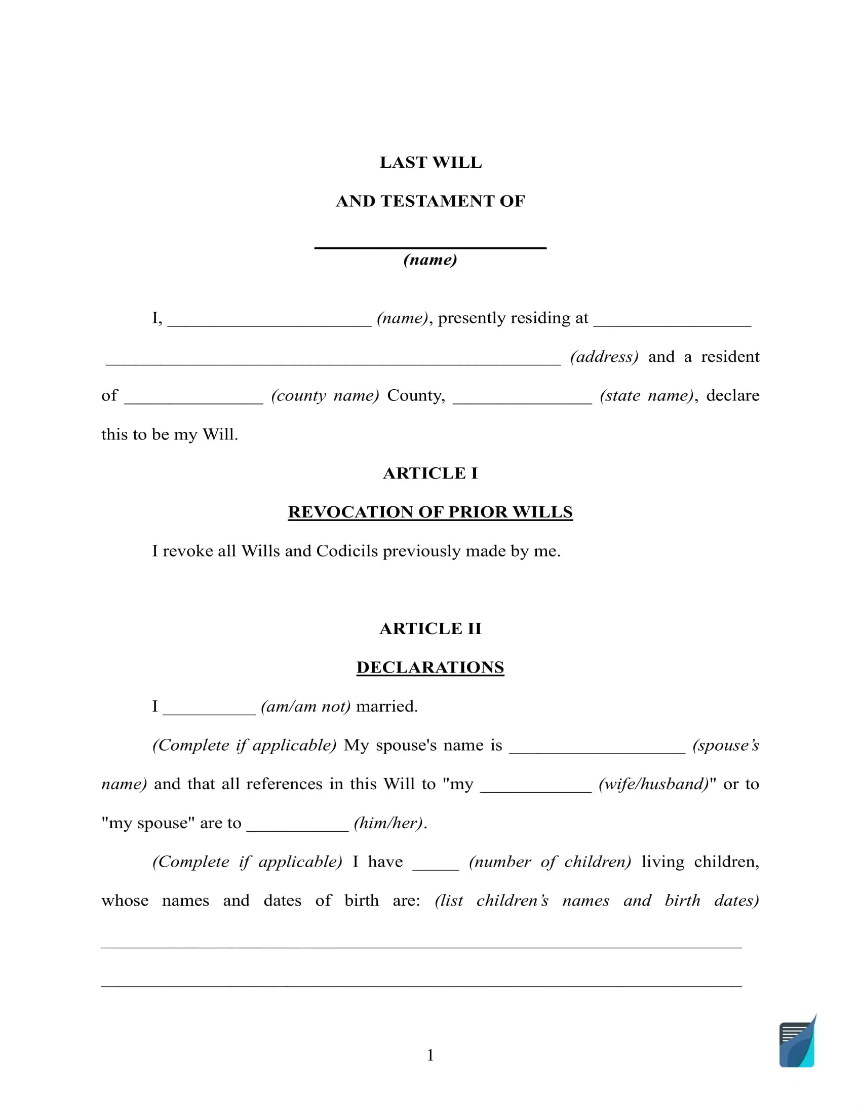 Free Last Will And Testament Template ⇒ Will Forms In Pdf And Doc pertaining to Free Printable Blank Last Will And Testament Forms