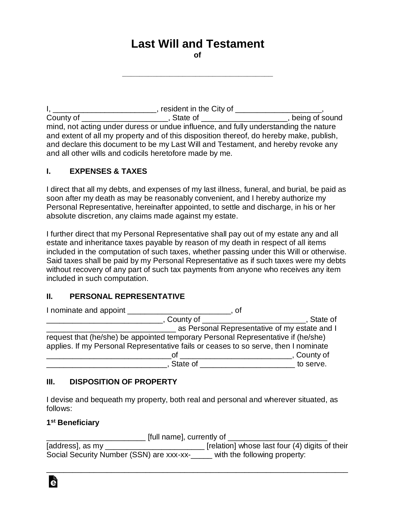 Free Last Will And Testament (Will) - Pdf | Word – Eforms for FREE Printable Blank Last Will and Testament Forms