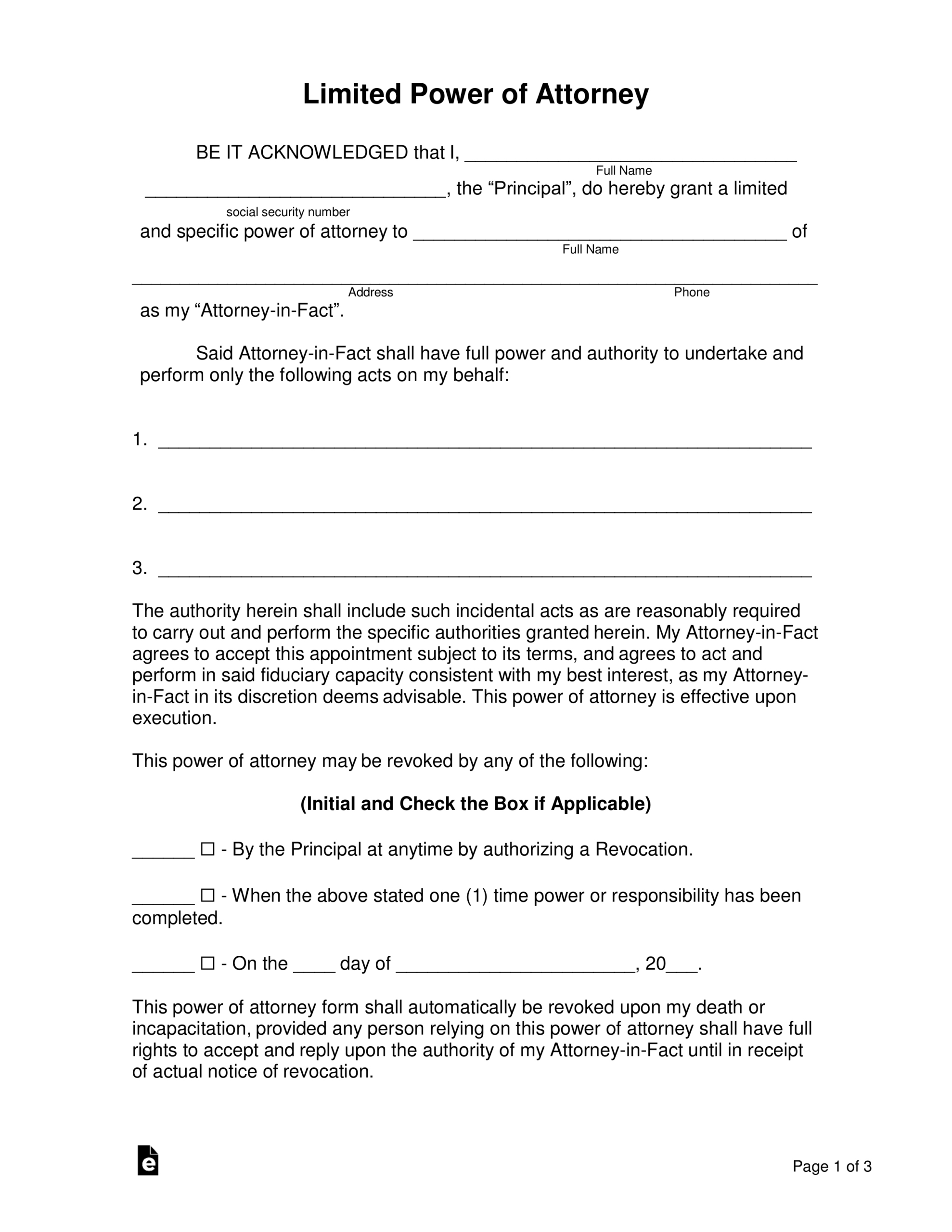 Free Limited (Special) Power Of Attorney Form - Pdf | Word – Eforms for FREE Printable Blank Power of Attorney Form