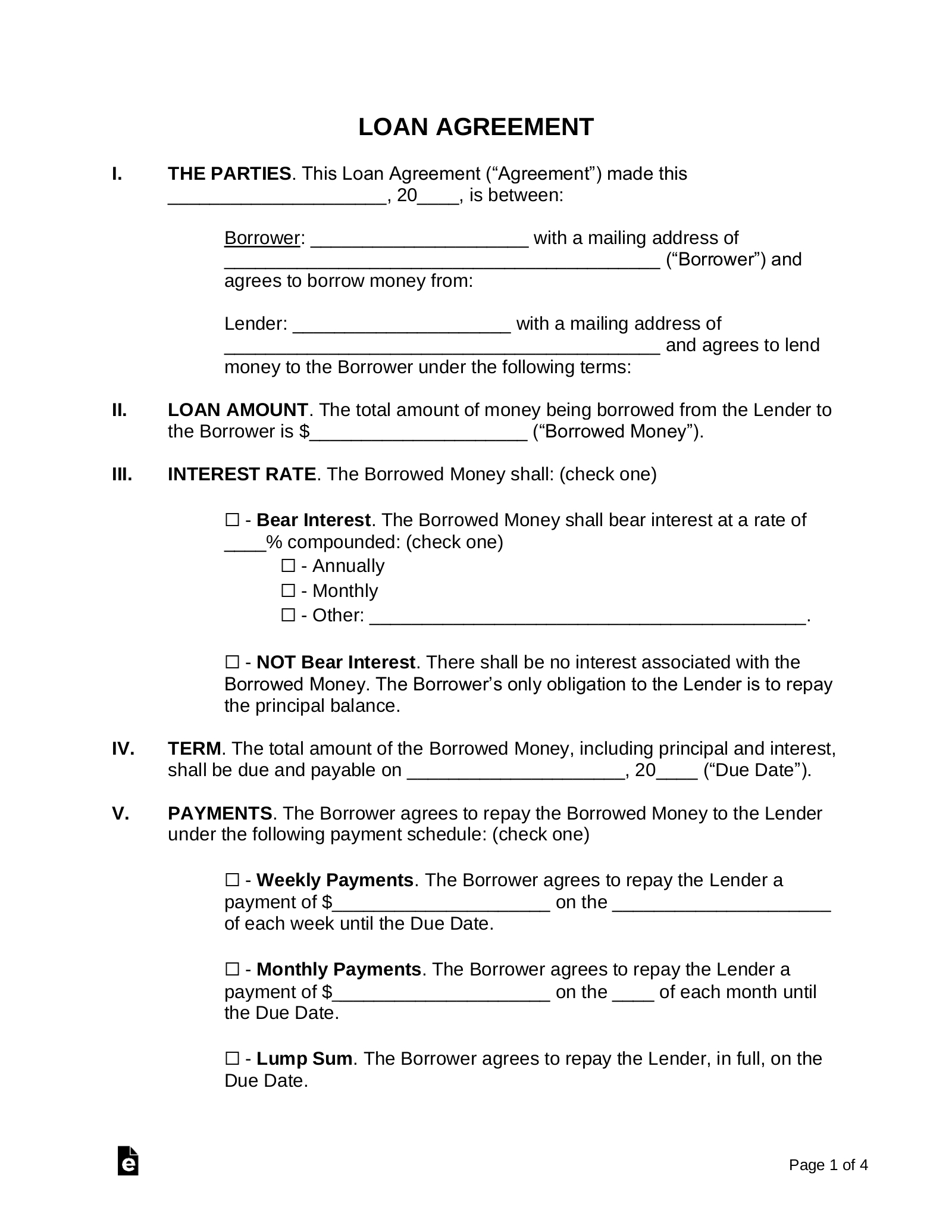Free Loan Agreement Templates (10) - Pdf | Word – Eforms in Free Printable Blank Loan Agreement