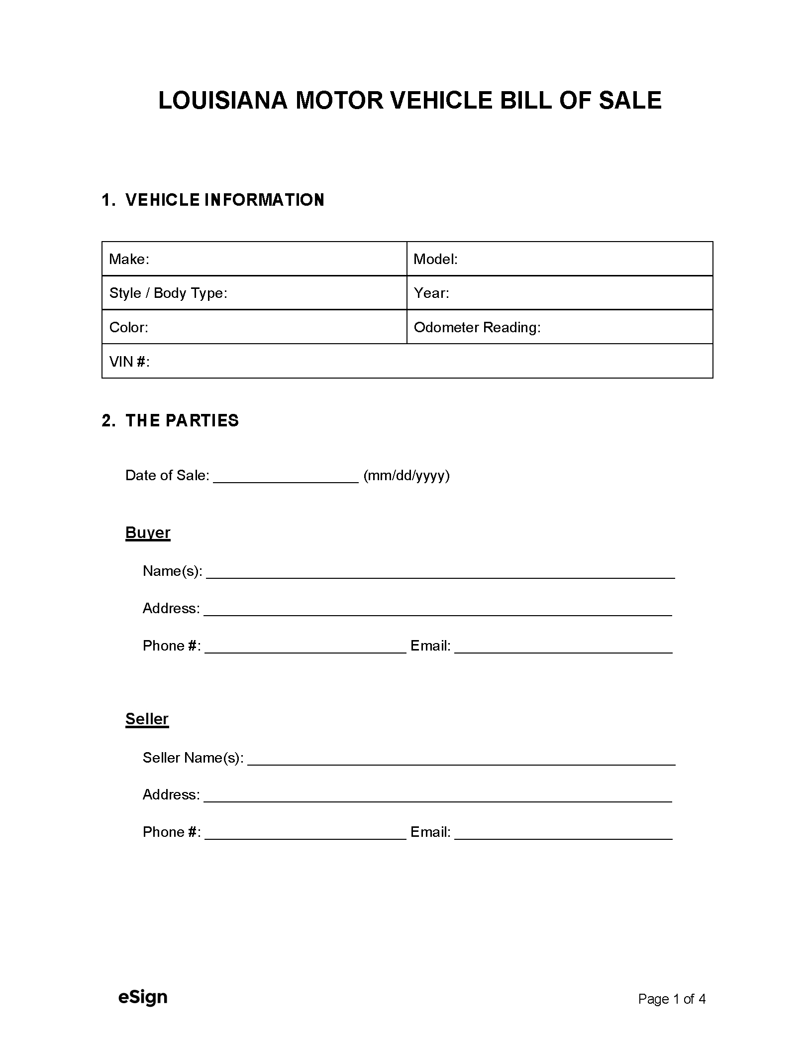Free Louisiana Motor Vehicle Bill Of Sale Form | Pdf | Word inside Free Printable Bill Of Sale For Car Louisiana