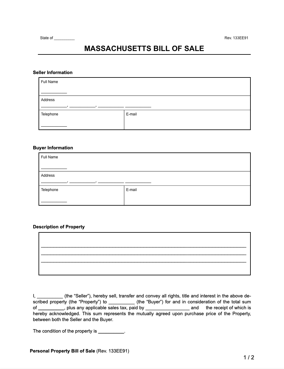 Free Massachusetts Bill Of Sale Forms | Printable Pdf &amp;amp; Word in FREE Printable Bill of Sale For Car Massachusetts