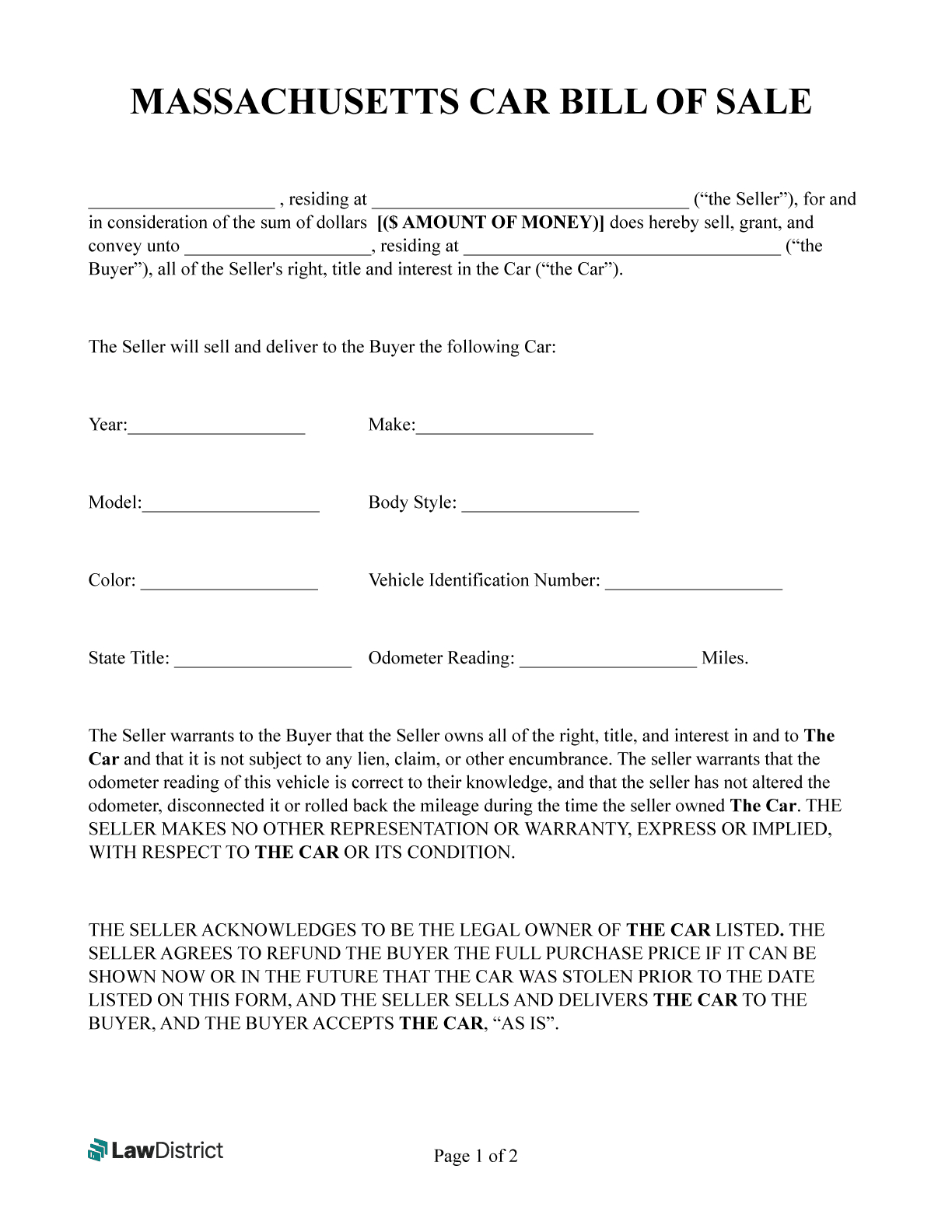 Free Massachusetts Bill Of Sale Templates | Lawdistrict pertaining to FREE Printable Bill of Sale For Car Massachusetts