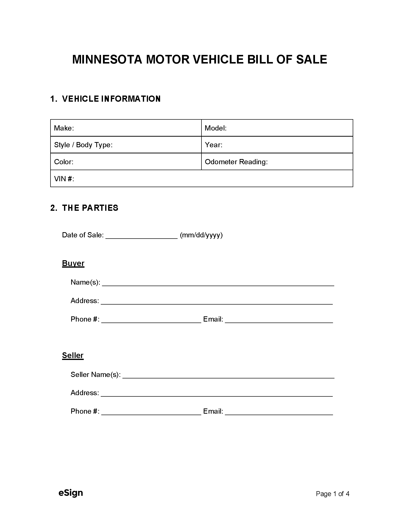 Free Minnesota Motor Vehicle Bill Of Sale Form | Pdf | Word pertaining to Free Printable Bill Of Sale For Car Minnesota