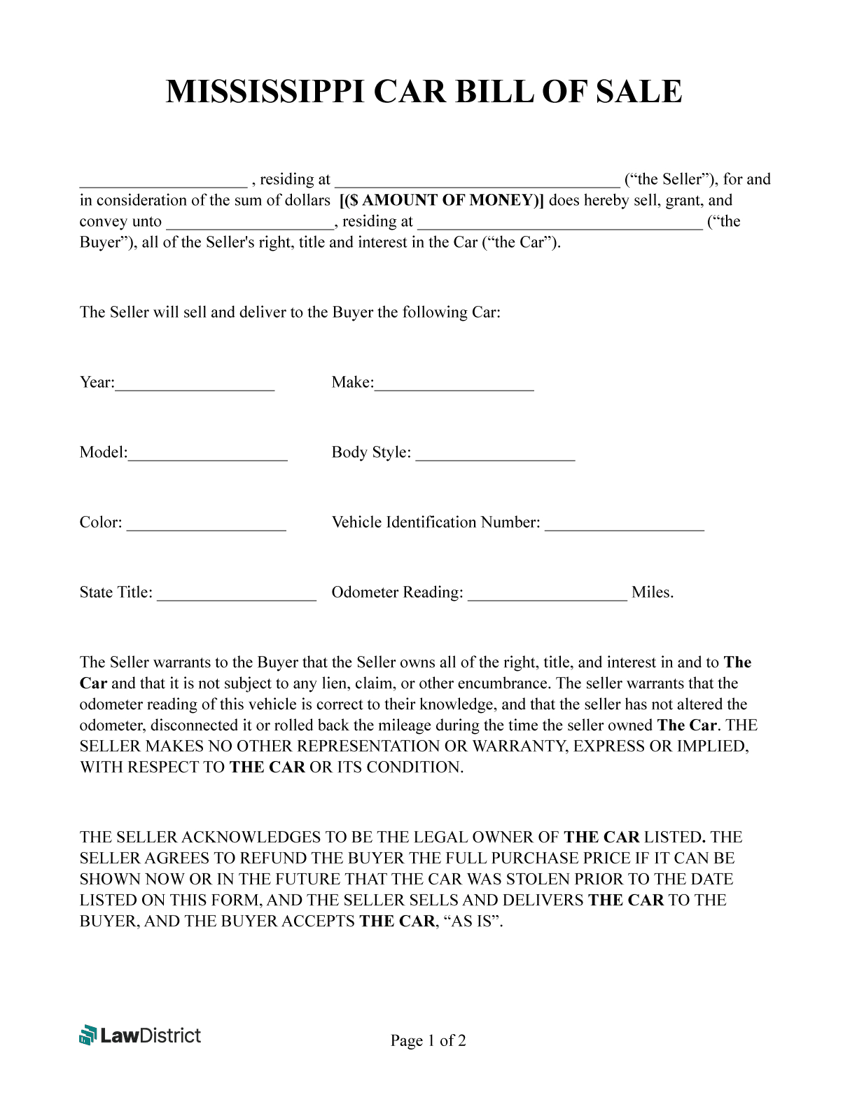 Free Mississippi Bill Of Sale Templates | Lawdistrict pertaining to Free Printable Bill Of Sale For Car In Mississippi