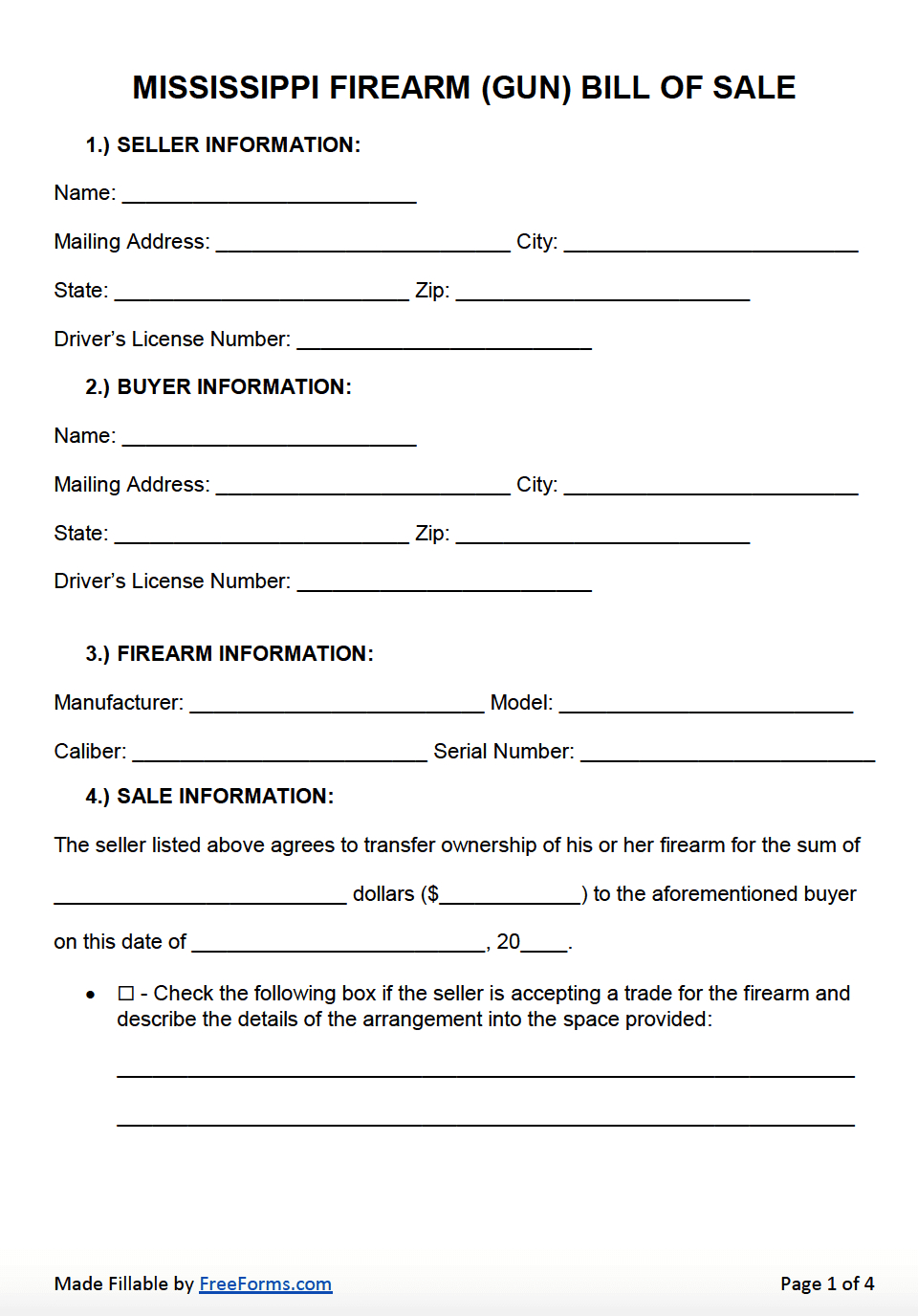 Free Mississippi Firearm (Gun) Bill Of Sale Form | Pdf | Word within Free Printable Bill Of Sale Template For Firearm
