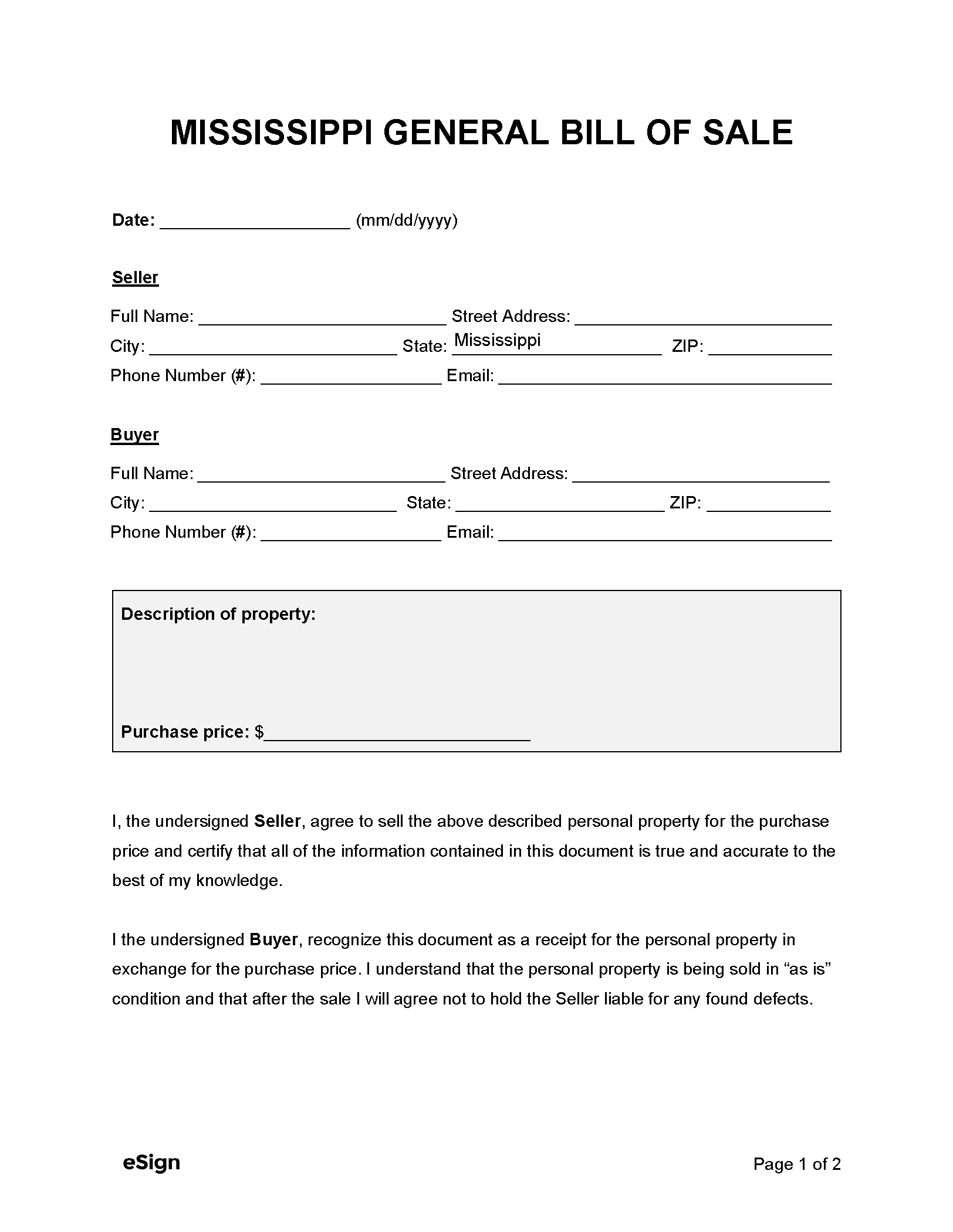 Free Mississippi General Bill Of Sale Form | Pdf | Word throughout FREE Printable Bill of Sale Mississippi