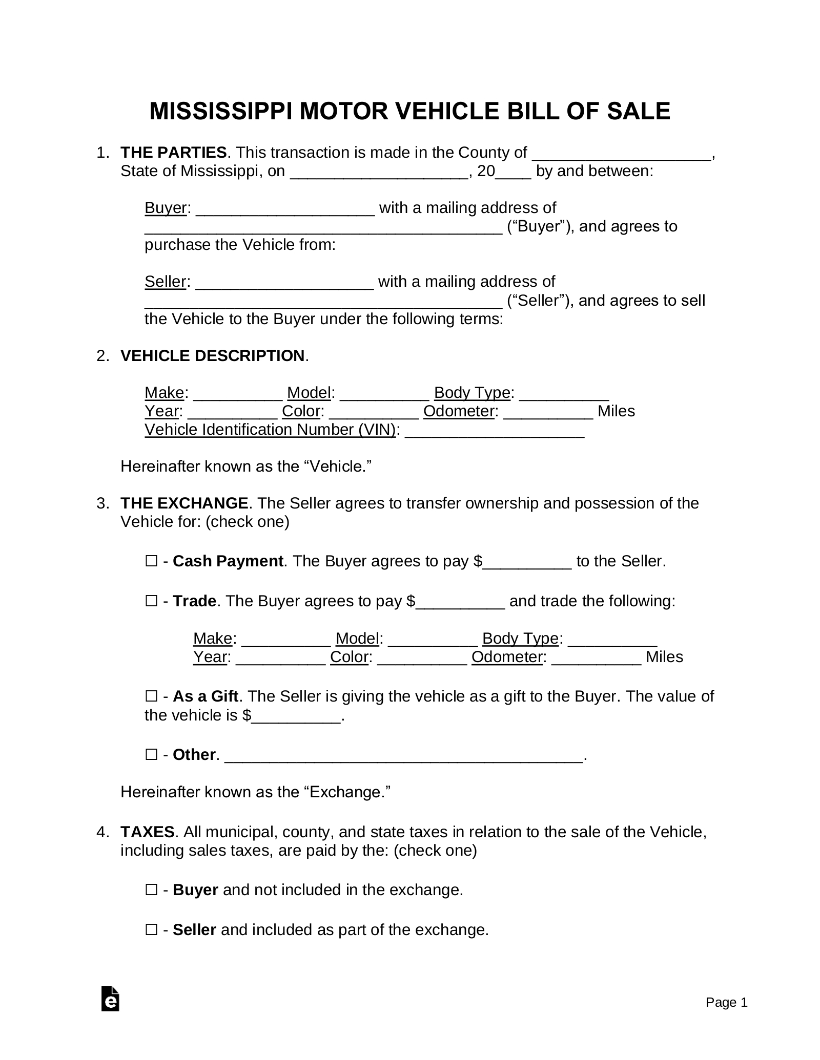 Free Mississippi Motor Vehicle Bill Of Sale Form - Pdf | Word – Eforms intended for Free Printable Bill Of Sale For Car In Mississippi