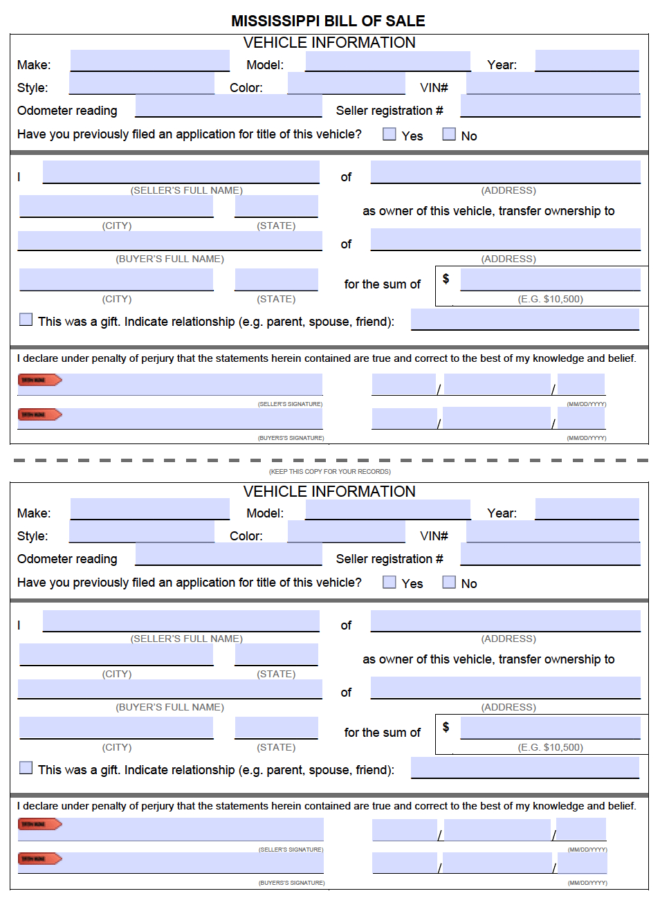 Free Mississippi Motor Vehicle (Dmv) Bill Of Sale Form | Pdf for FREE Printable Bill of Sale Mississippi