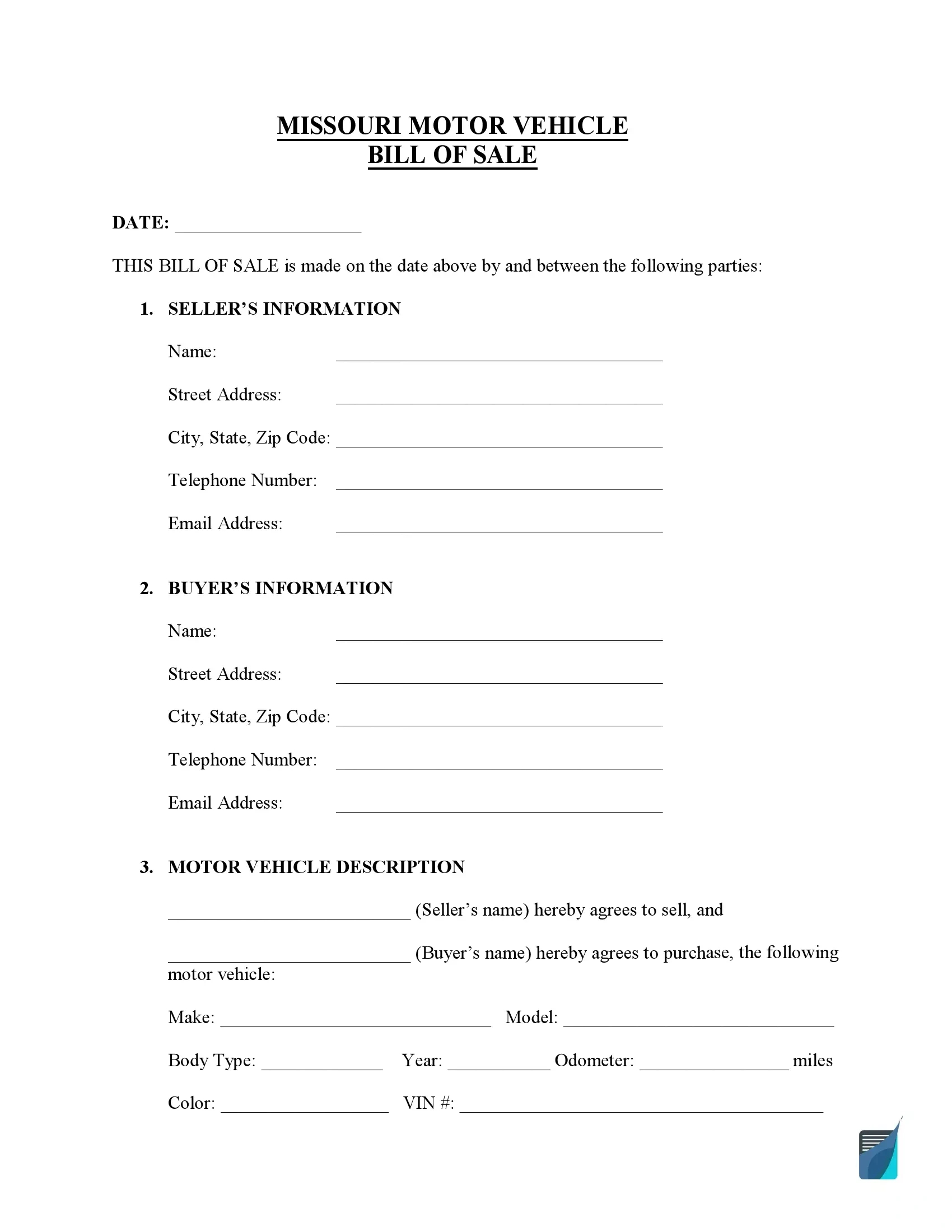 Free Missouri Bill Of Sale Forms (Pdf) | Formspal with regard to Free Printable Bill Of Sale For Car Missouri