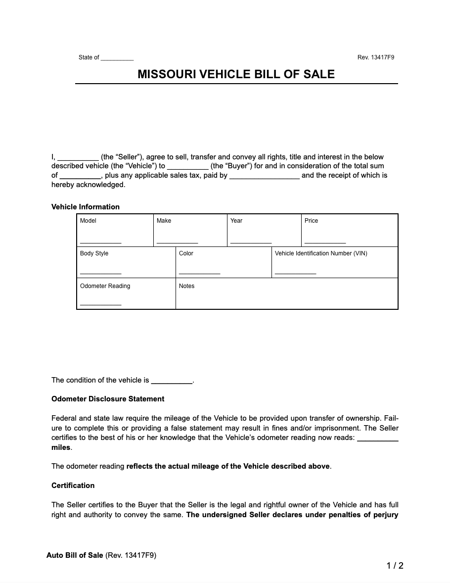 Free Missouri Motor Vehicle Bill Of Sale Form | Pdf &amp;amp; Word for FREE Printable Bill of Sale For Car Missouri