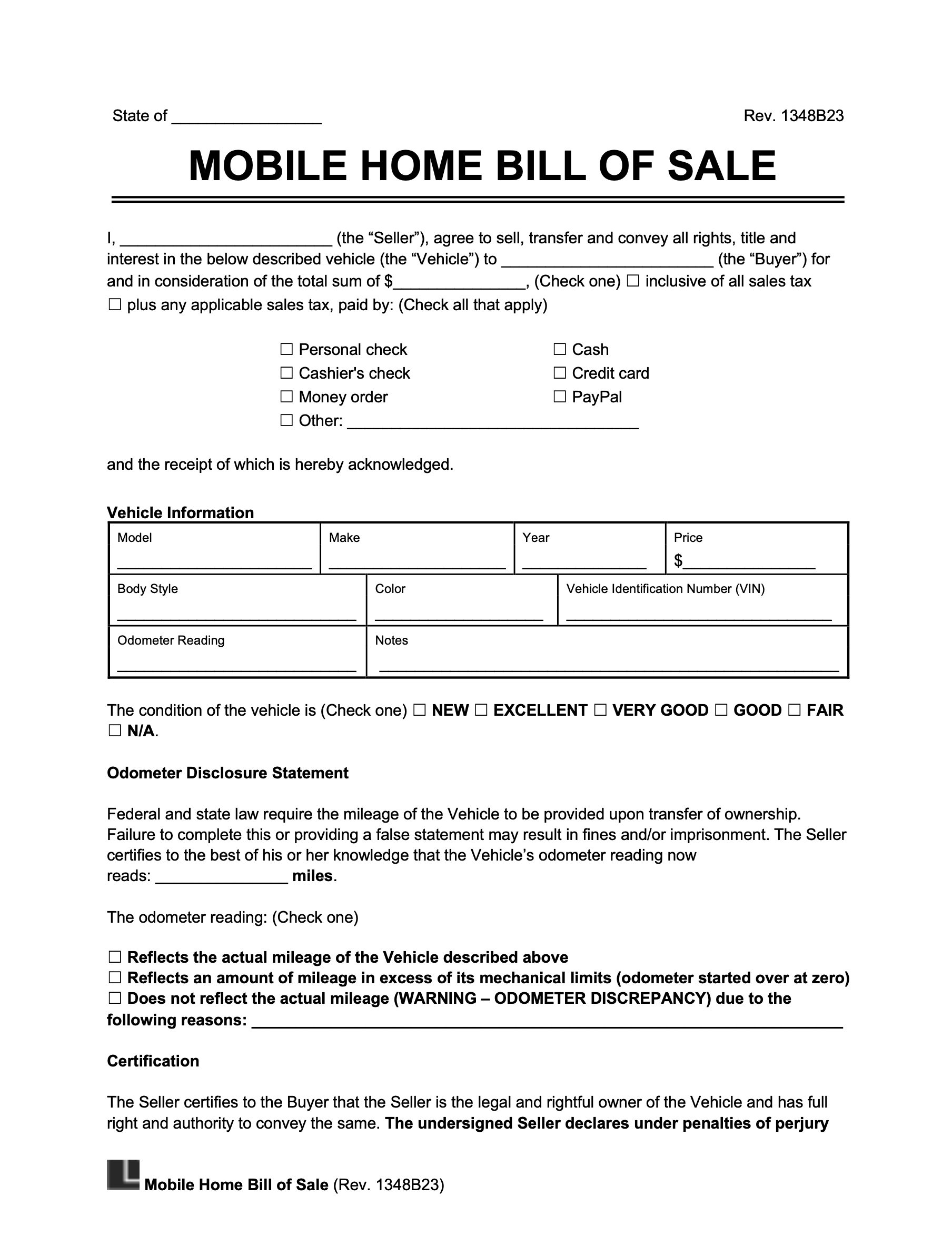 Free Mobile (Manufactured) Home Bill Of Sale Form | Legal Templates with regard to Free Printable Bill Of Sale Form For Mobile Home